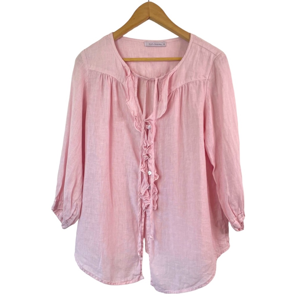 Cutloose Pink Ruffle Tie Neck Linen Balloon Sleeve Top Size Medium Made in USA